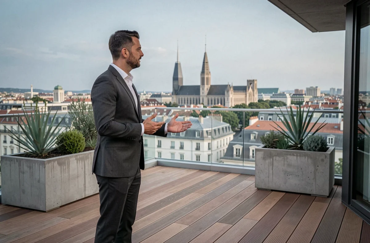 Agent immobilier présentant une terrasse moderne avec vue panoramique sur le skyline de Lyon Part-Dieu