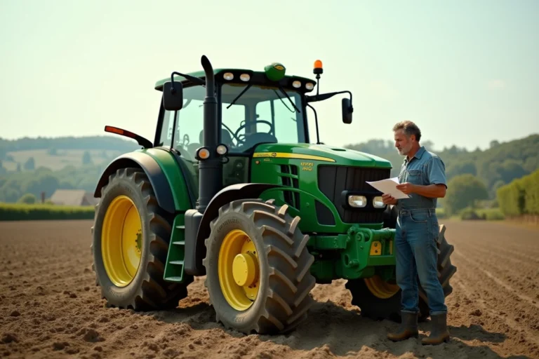 Agriculteur examinant un tracteur agricole neuf vert et jaune dans un champ labouré en France