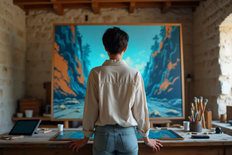 Artiste numérique bretonne Trixhentzi créant une œuvre abstraite inspirée de la culture celtique dans son atelier en pierre