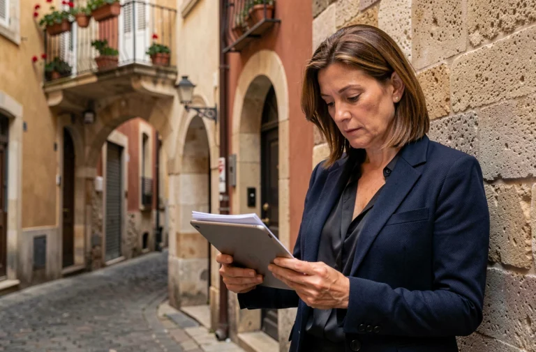Femme agent immobilier consultant des documents devant une traboule lyonnaise pour vendre un bien immobilier à Lyon
